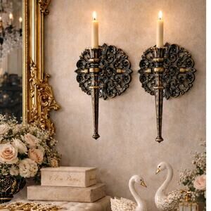 Pair Ornate Candle Sconces Hollywood Regency Baroque Gold Black Gothic Decor